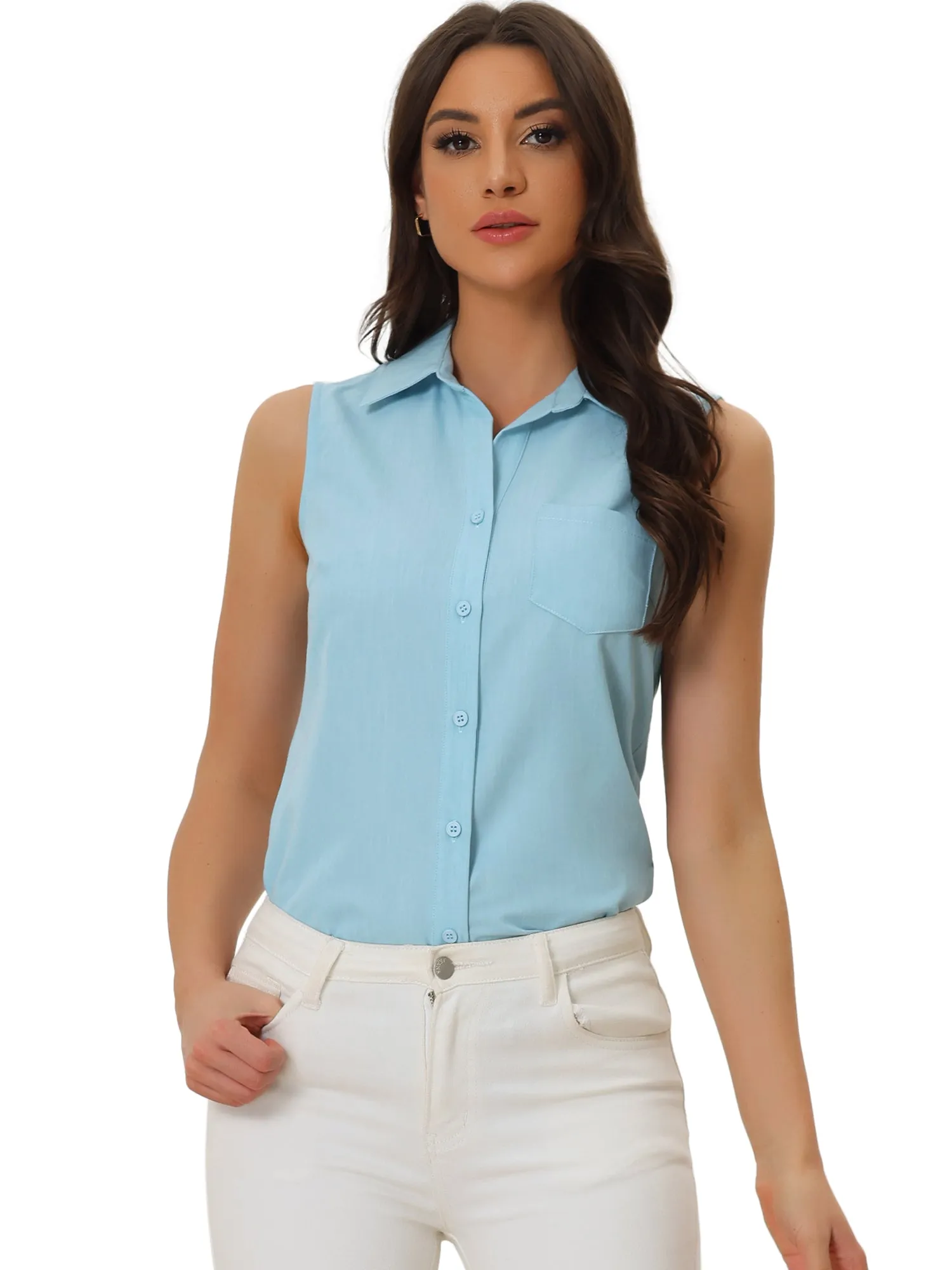 Denim Button Down Sleeveless Lapel V Neck Chambray Tunic Top