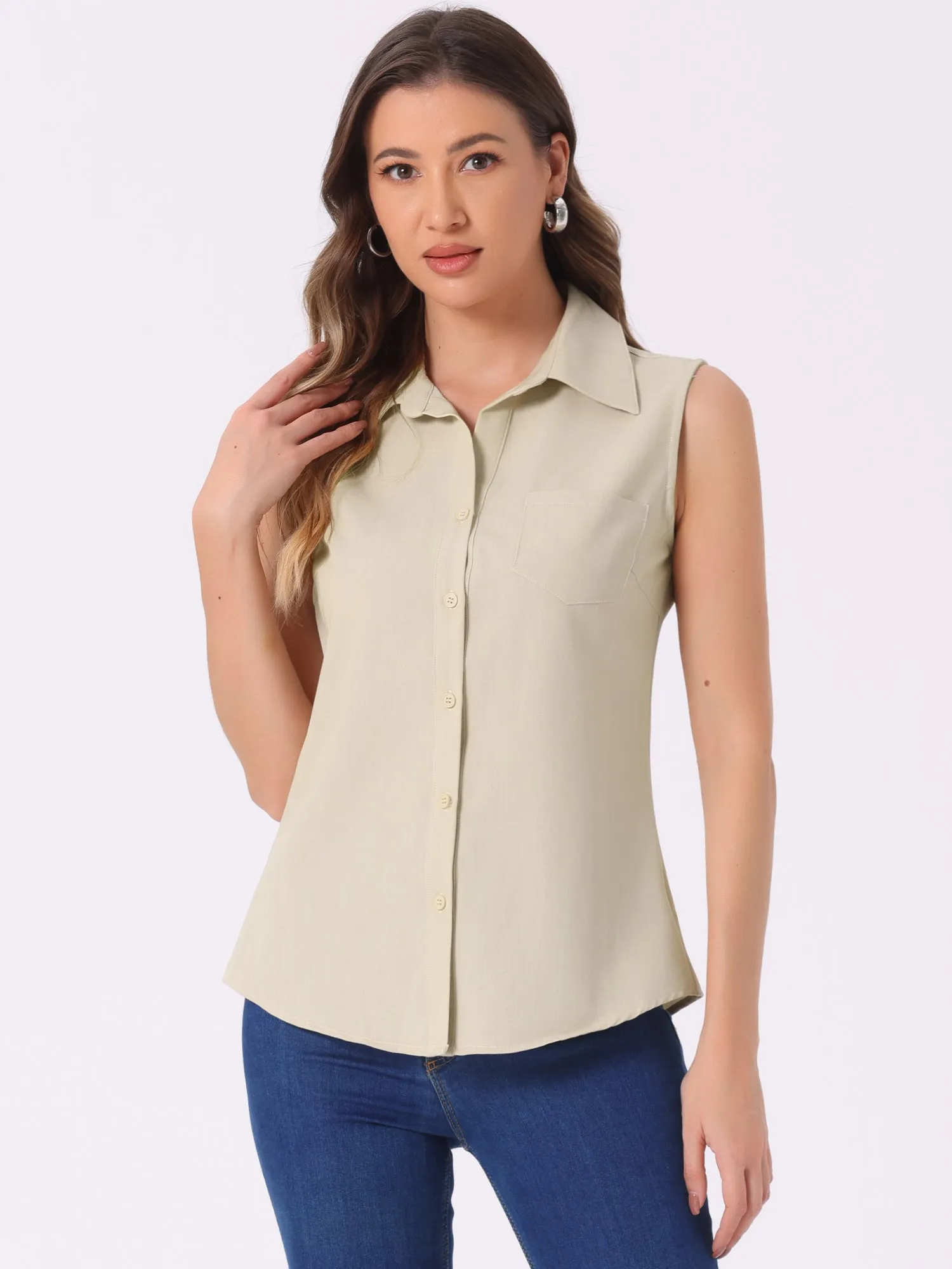 Denim Button Down Sleeveless Lapel V Neck Chambray Tunic Top