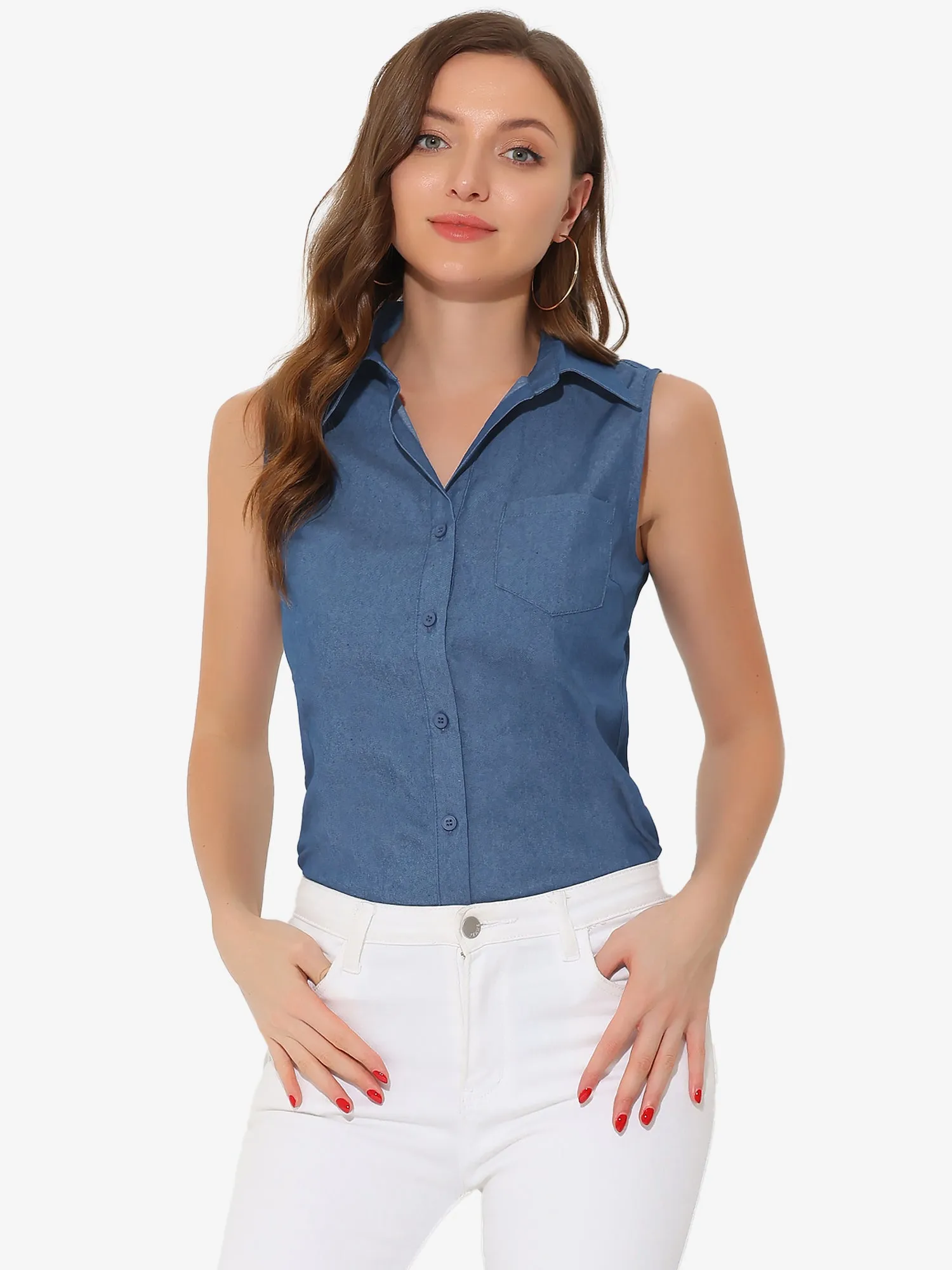 Denim Button Down Sleeveless Lapel V Neck Chambray Tunic Top