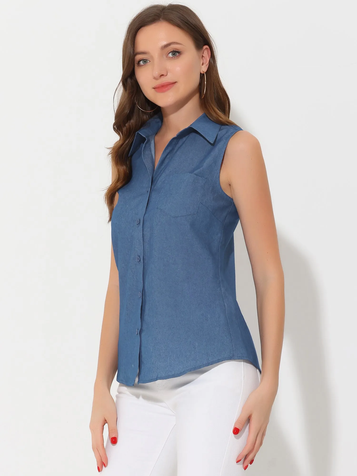 Denim Button Down Sleeveless Lapel V Neck Chambray Tunic Top