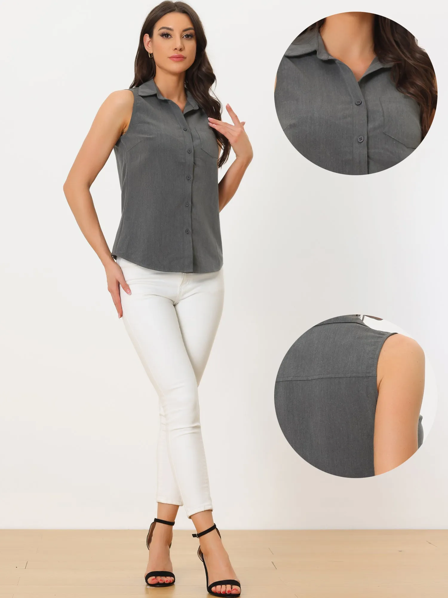 Denim Button Down Sleeveless Lapel V Neck Chambray Tunic Top
