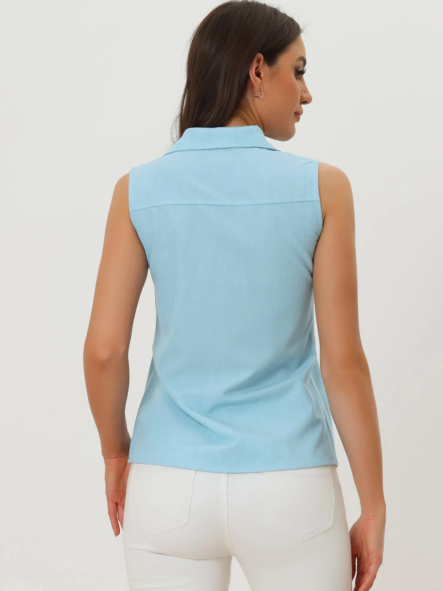 Denim Button Down Sleeveless Lapel V Neck Chambray Tunic Top