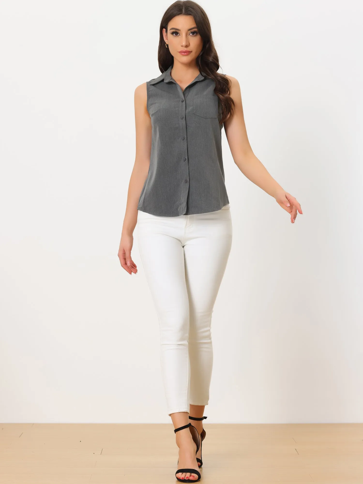 Denim Button Down Sleeveless Lapel V Neck Chambray Tunic Top