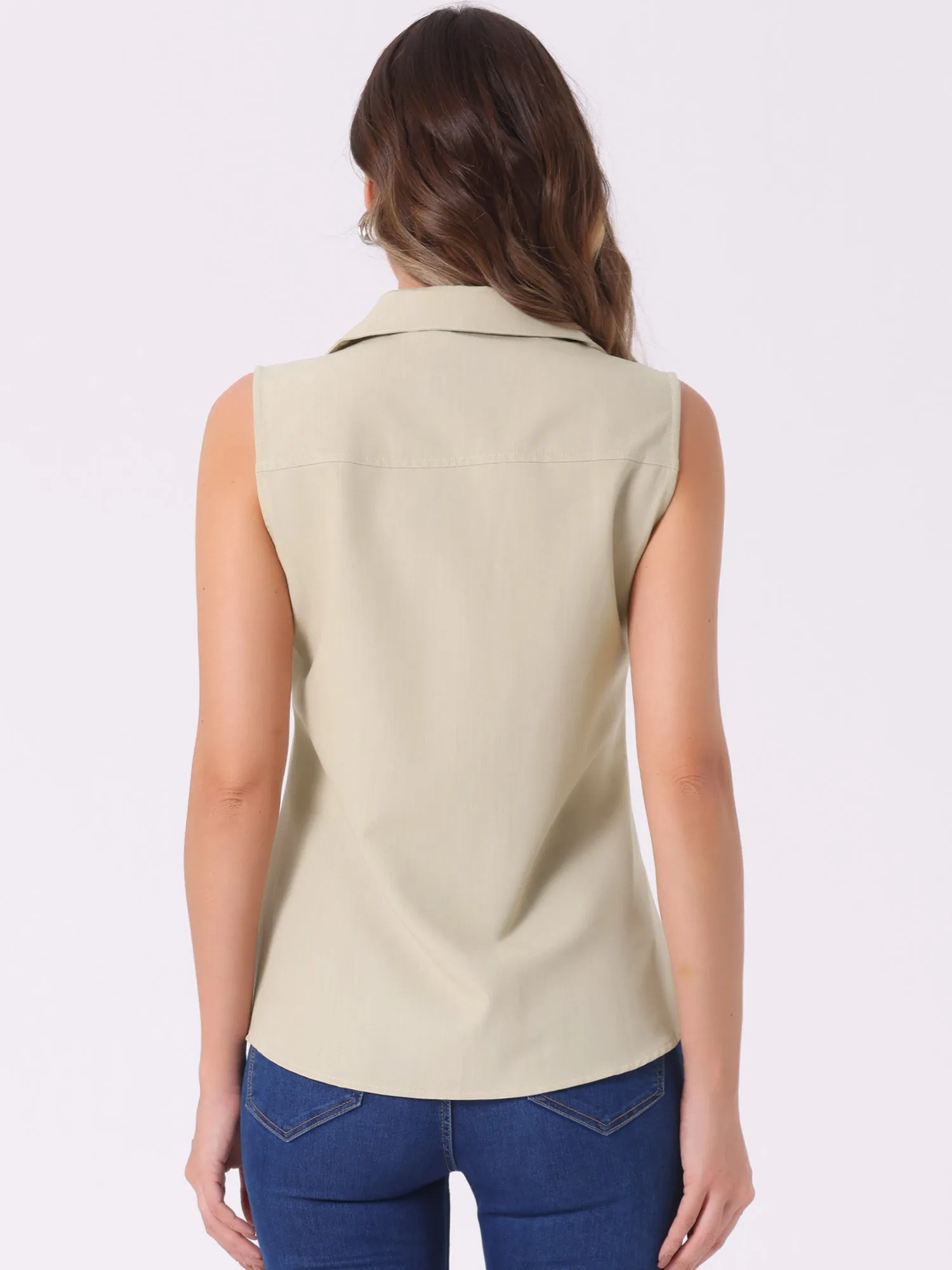 Denim Button Down Sleeveless Lapel V Neck Chambray Tunic Top