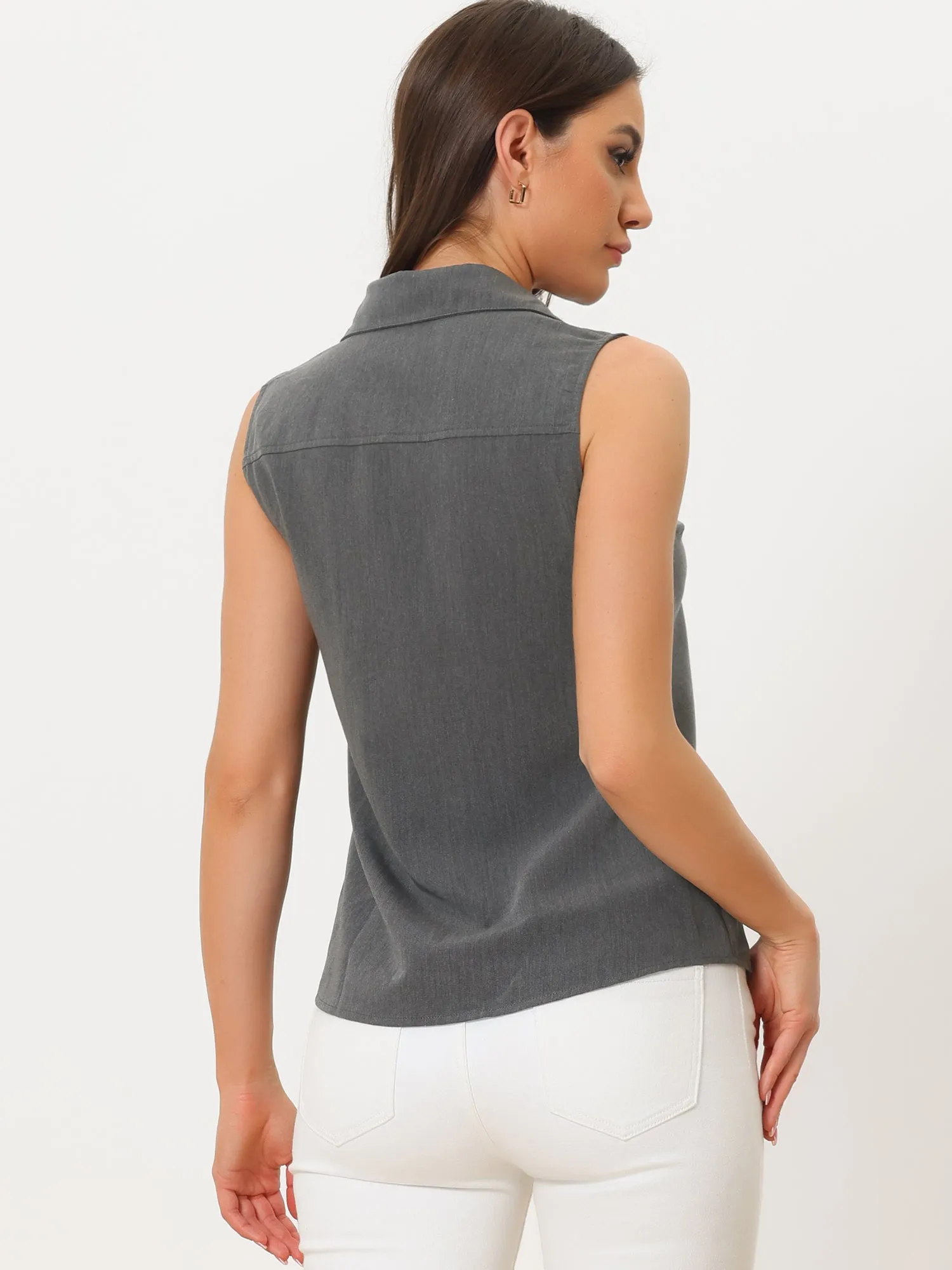 Denim Button Down Sleeveless Lapel V Neck Chambray Tunic Top