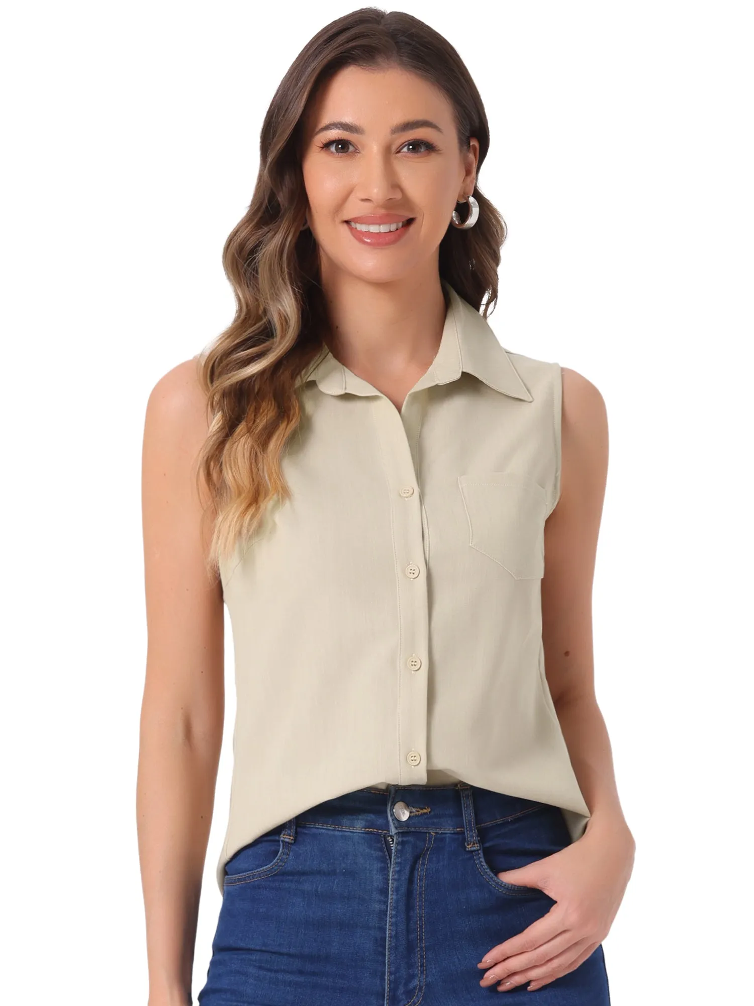 Denim Button Down Sleeveless Lapel V Neck Chambray Tunic Top