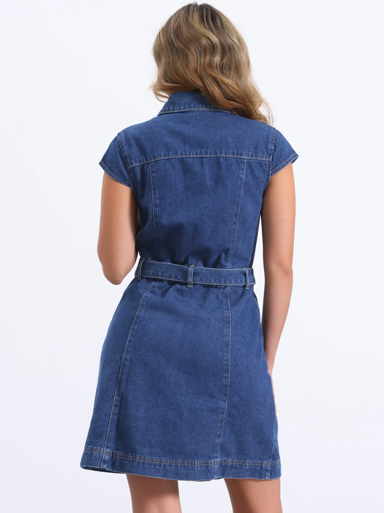 Denim Cap Sleeve Belted Button Down Jean Shirt Dress
