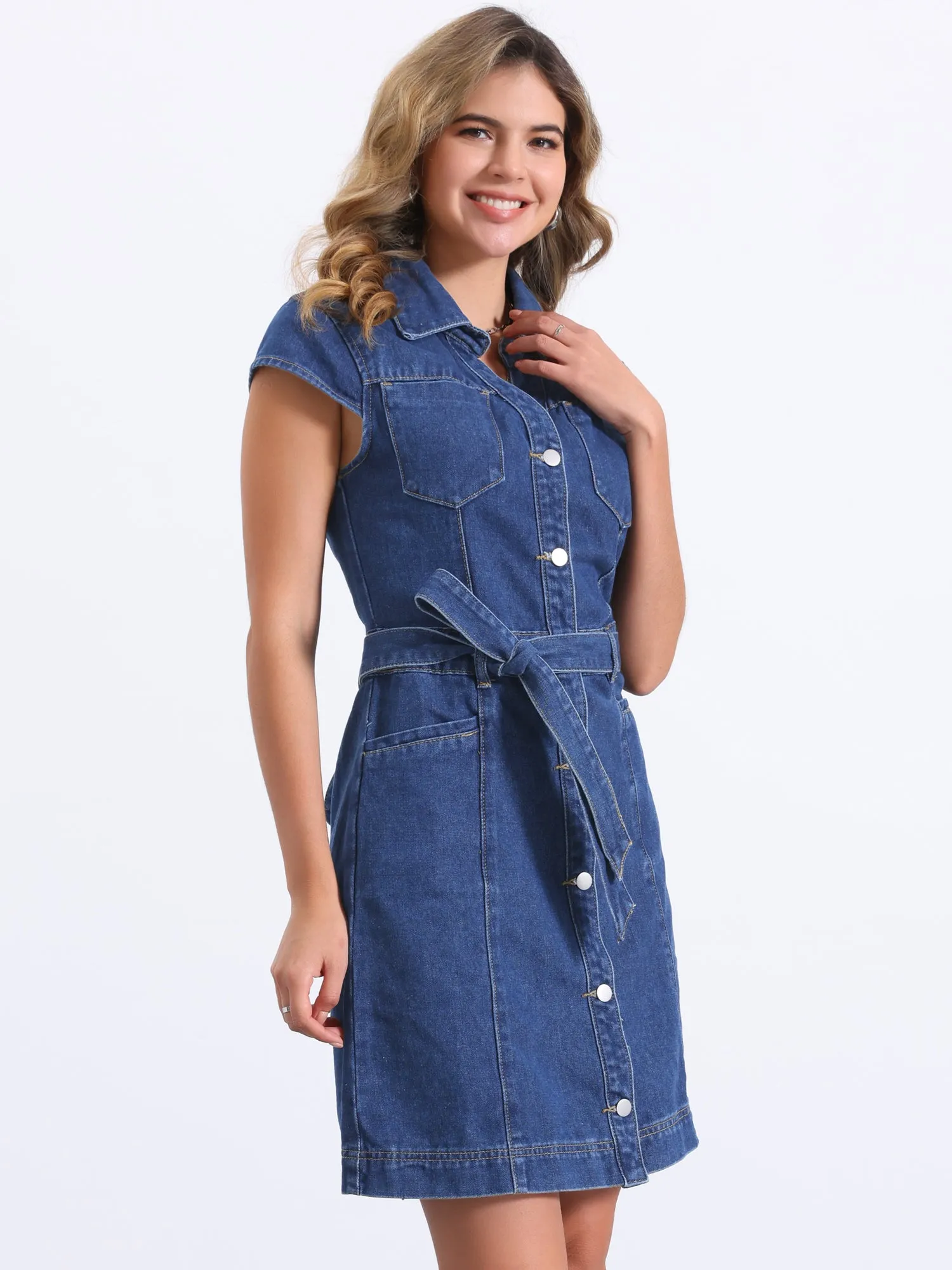 Denim Cap Sleeve Belted Button Down Jean Shirt Dress