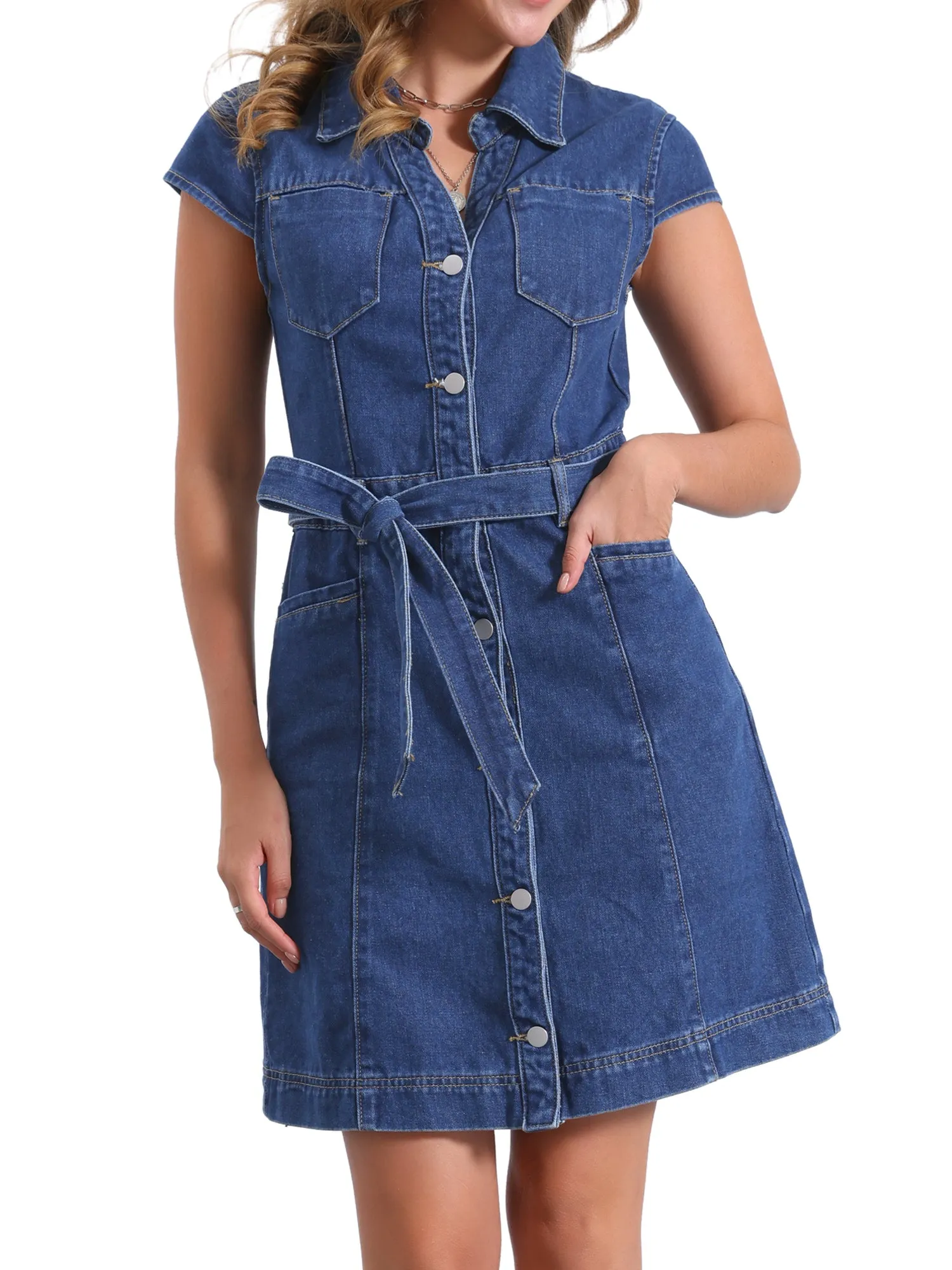 Denim Cap Sleeve Belted Button Down Jean Shirt Dress