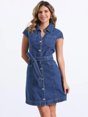 Denim Cap Sleeve Belted Button Down Jean Shirt Dress