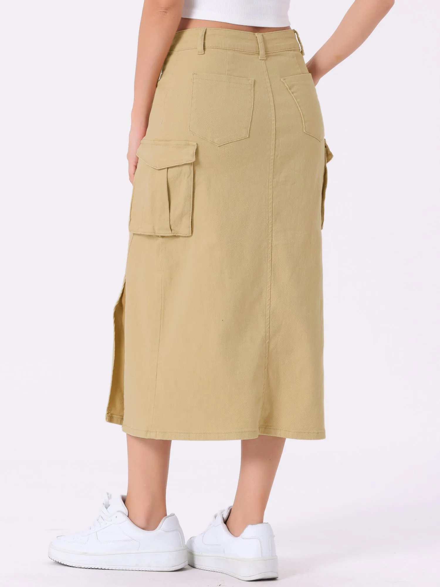 Denim Cargo Y2K Split Hem Midi Pocketed Jean Skirt