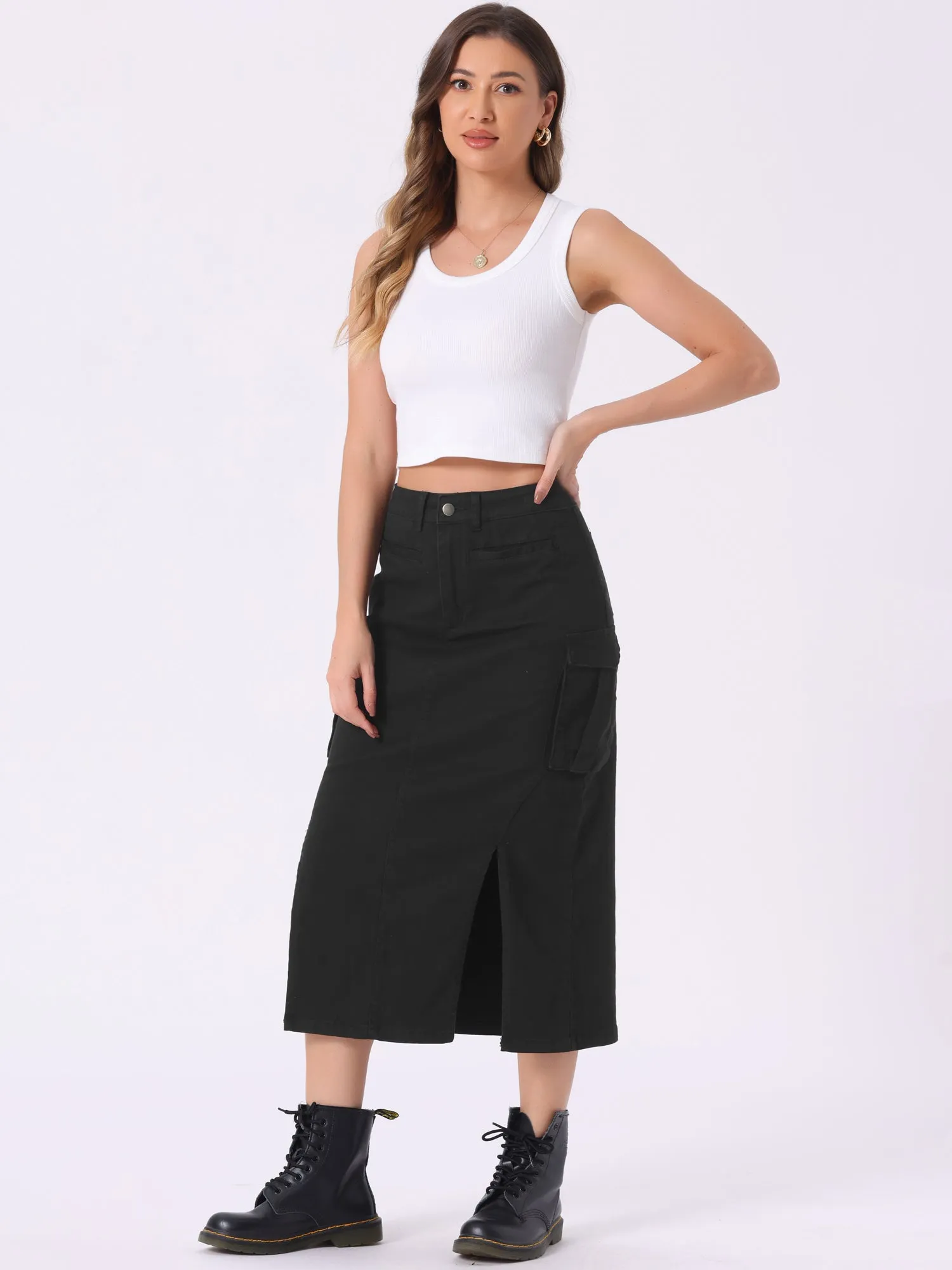 Denim Cargo Y2K Split Hem Midi Pocketed Jean Skirt