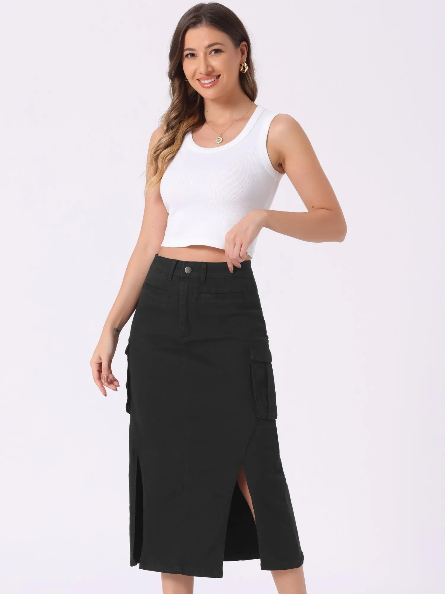 Denim Cargo Y2K Split Hem Midi Pocketed Jean Skirt