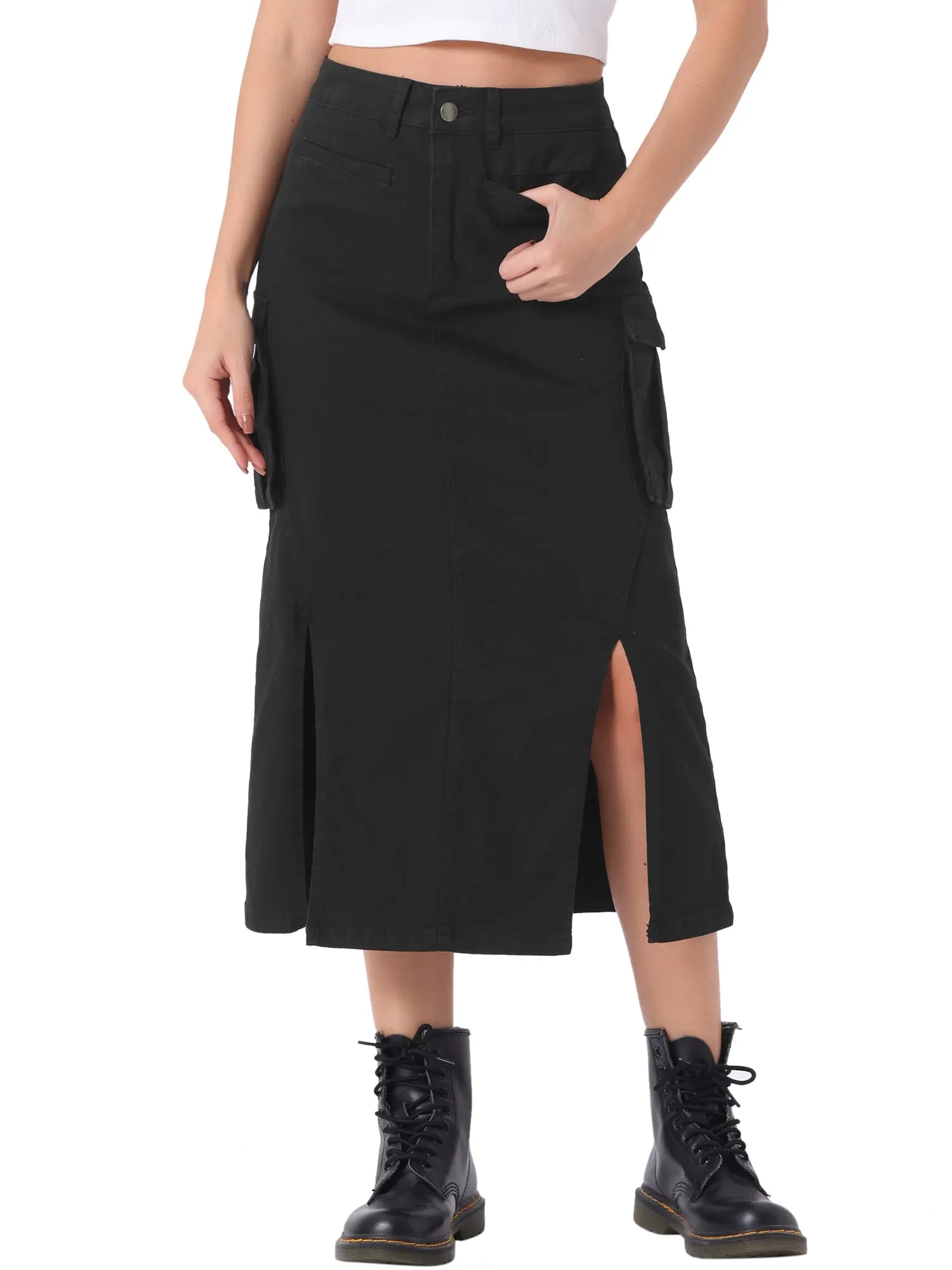 Denim Cargo Y2K Split Hem Midi Pocketed Jean Skirt