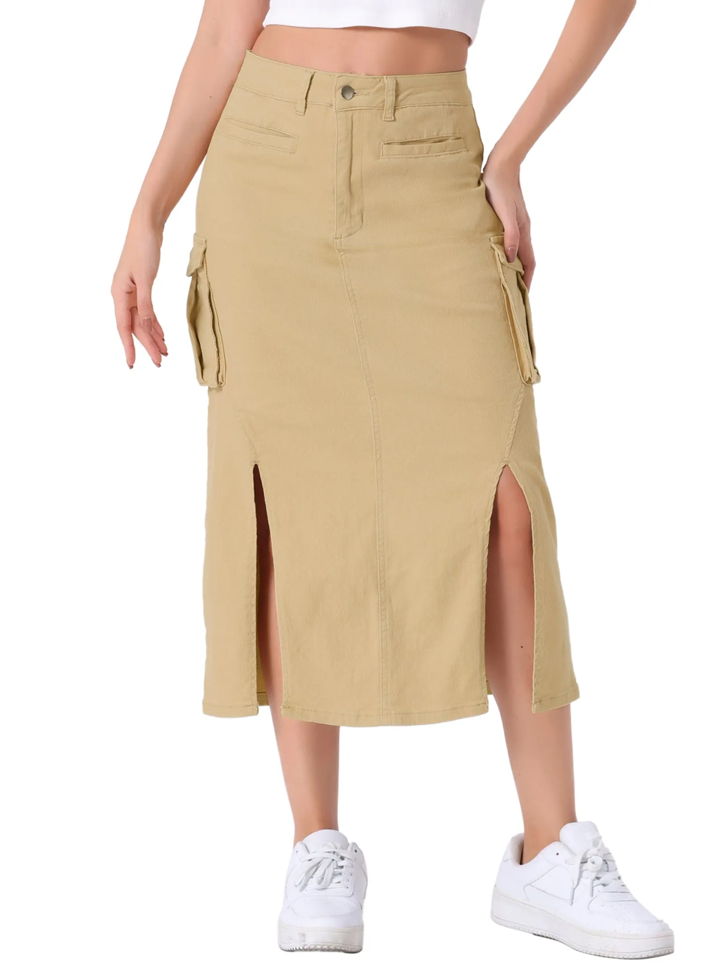 Denim Cargo Y2K Split Hem Midi Pocketed Jean Skirt