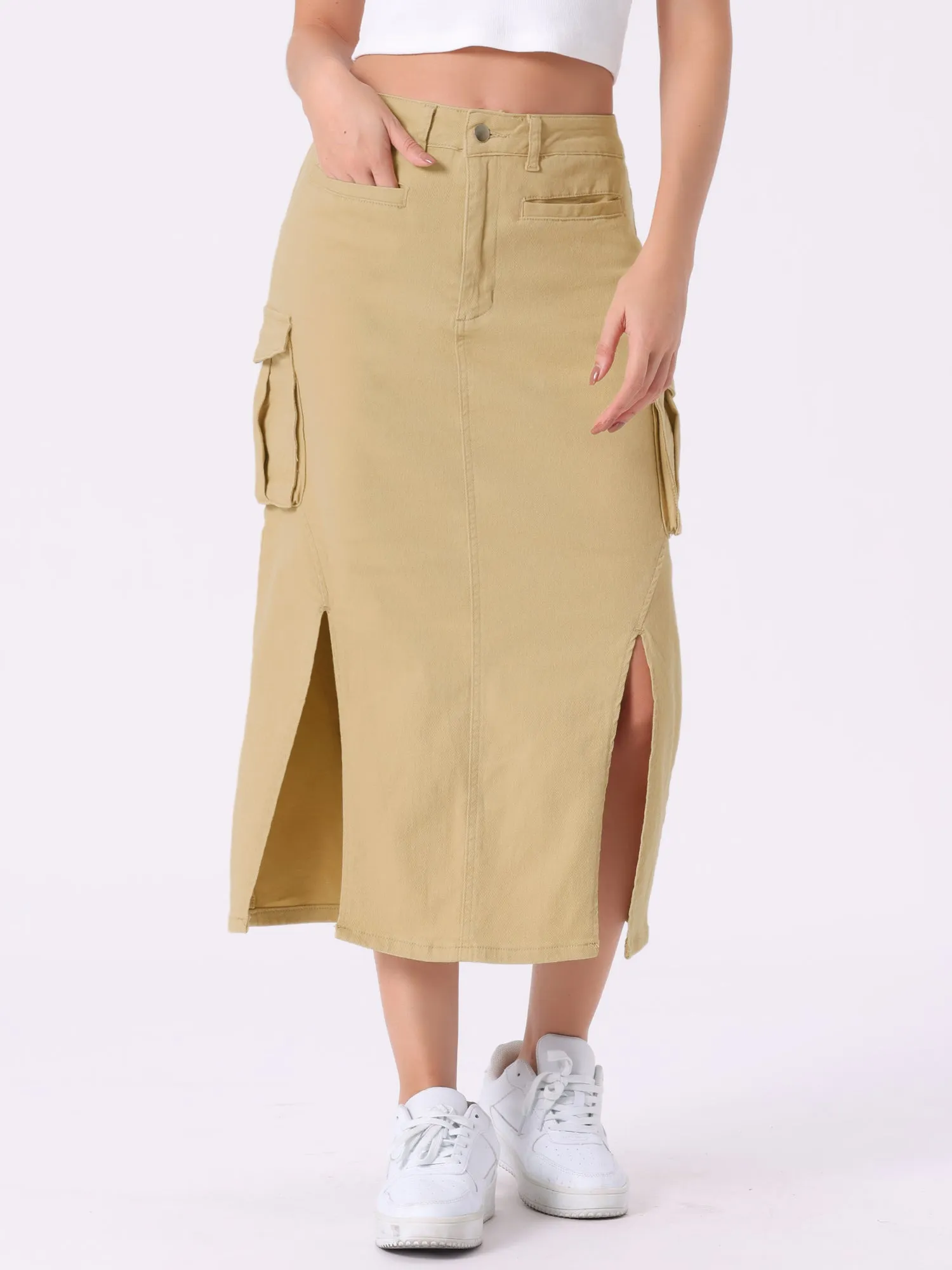 Denim Cargo Y2K Split Hem Midi Pocketed Jean Skirt