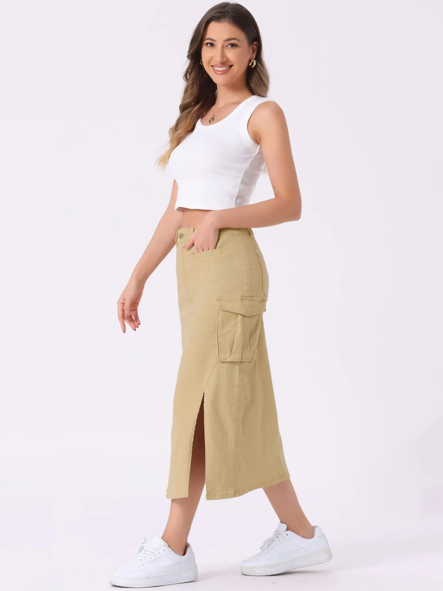 Denim Cargo Y2K Split Hem Midi Pocketed Jean Skirt
