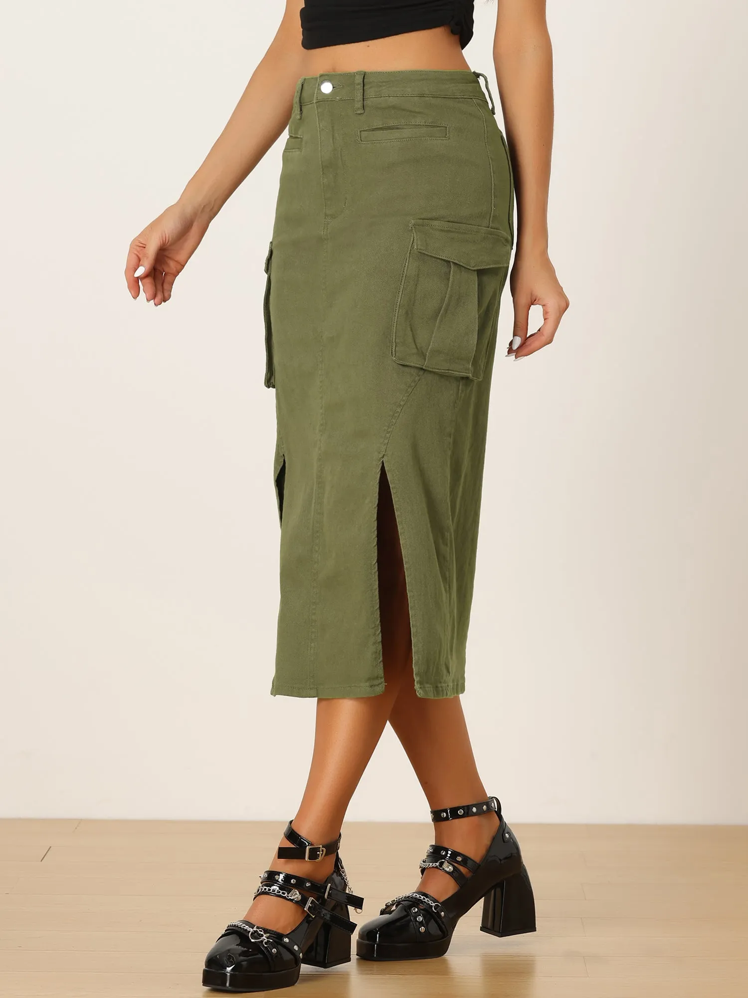 Denim Cargo Y2K Split Hem Midi Pocketed Jean Skirt