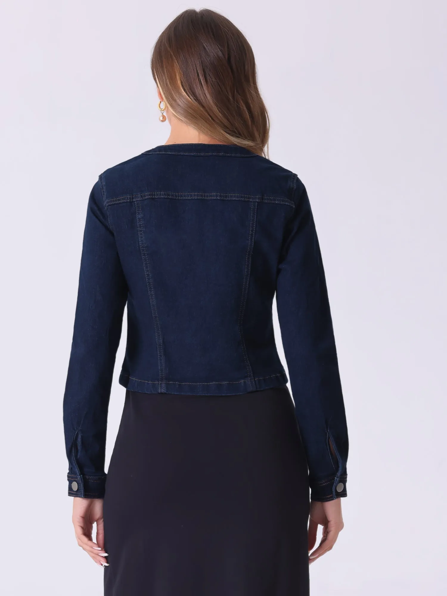 Denim Collarless Long Sleeve Button Down Crop Jean Jacket