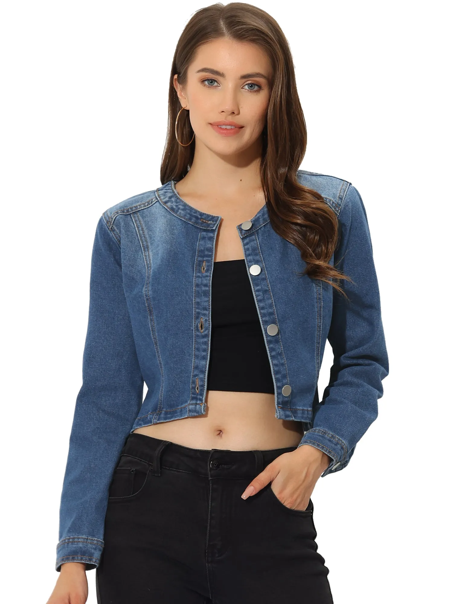 Denim Collarless Long Sleeve Button Down Crop Jean Jacket