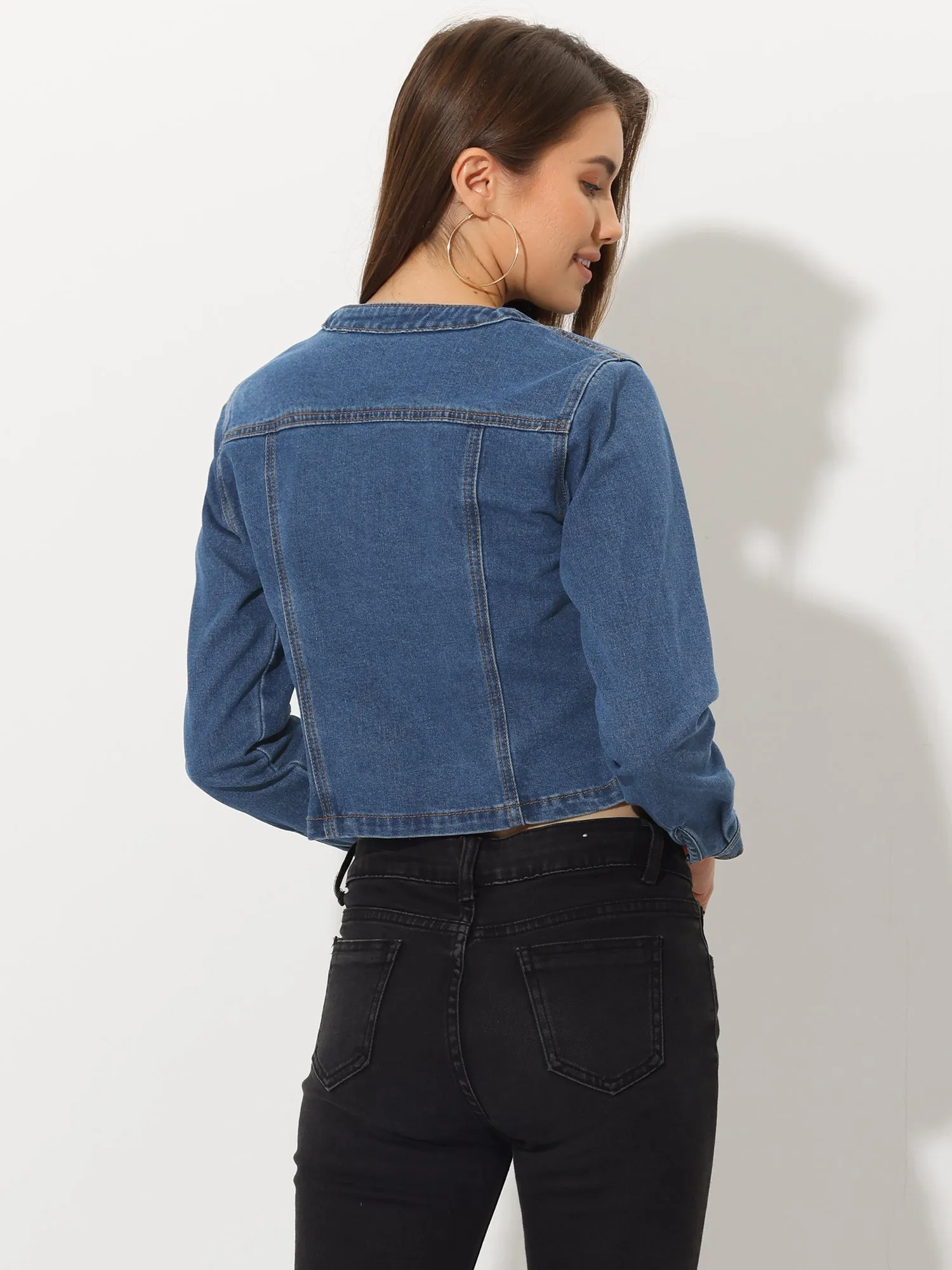 Denim Collarless Long Sleeve Button Down Crop Jean Jacket