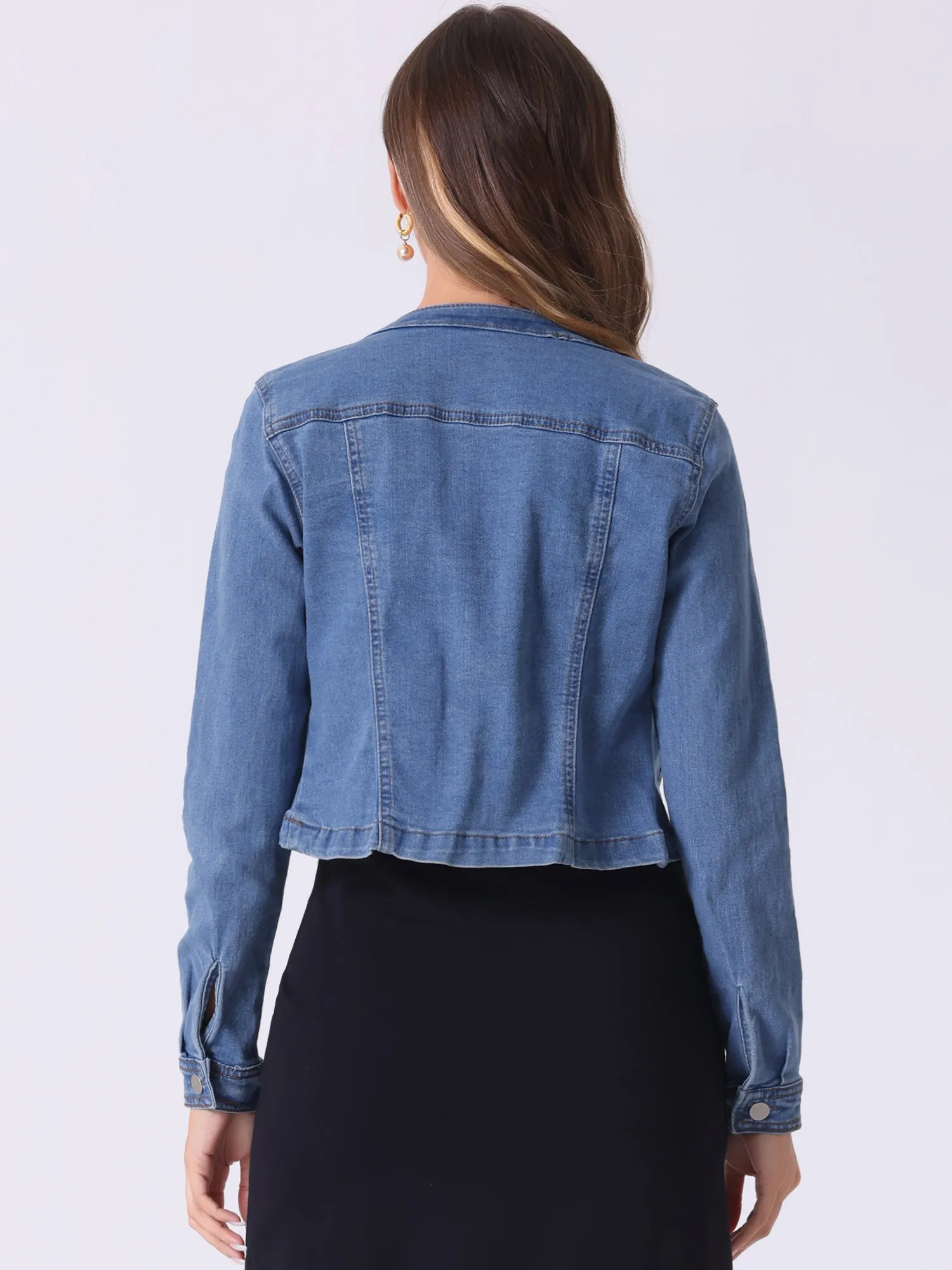 Denim Collarless Long Sleeve Button Down Crop Jean Jacket