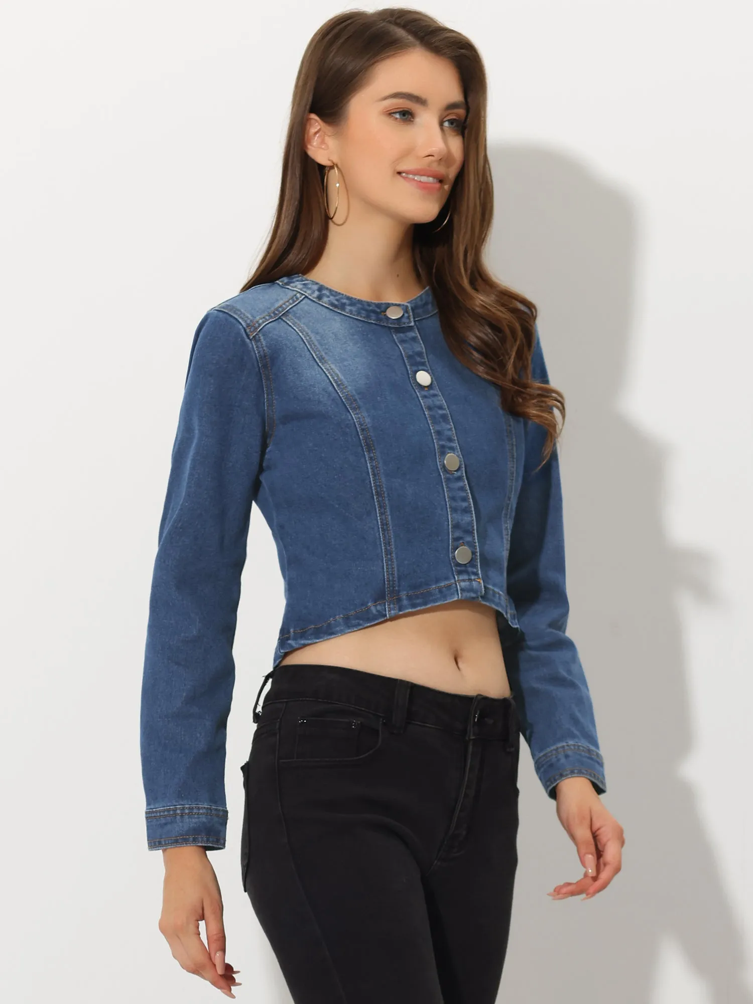 Denim Collarless Long Sleeve Button Down Crop Jean Jacket