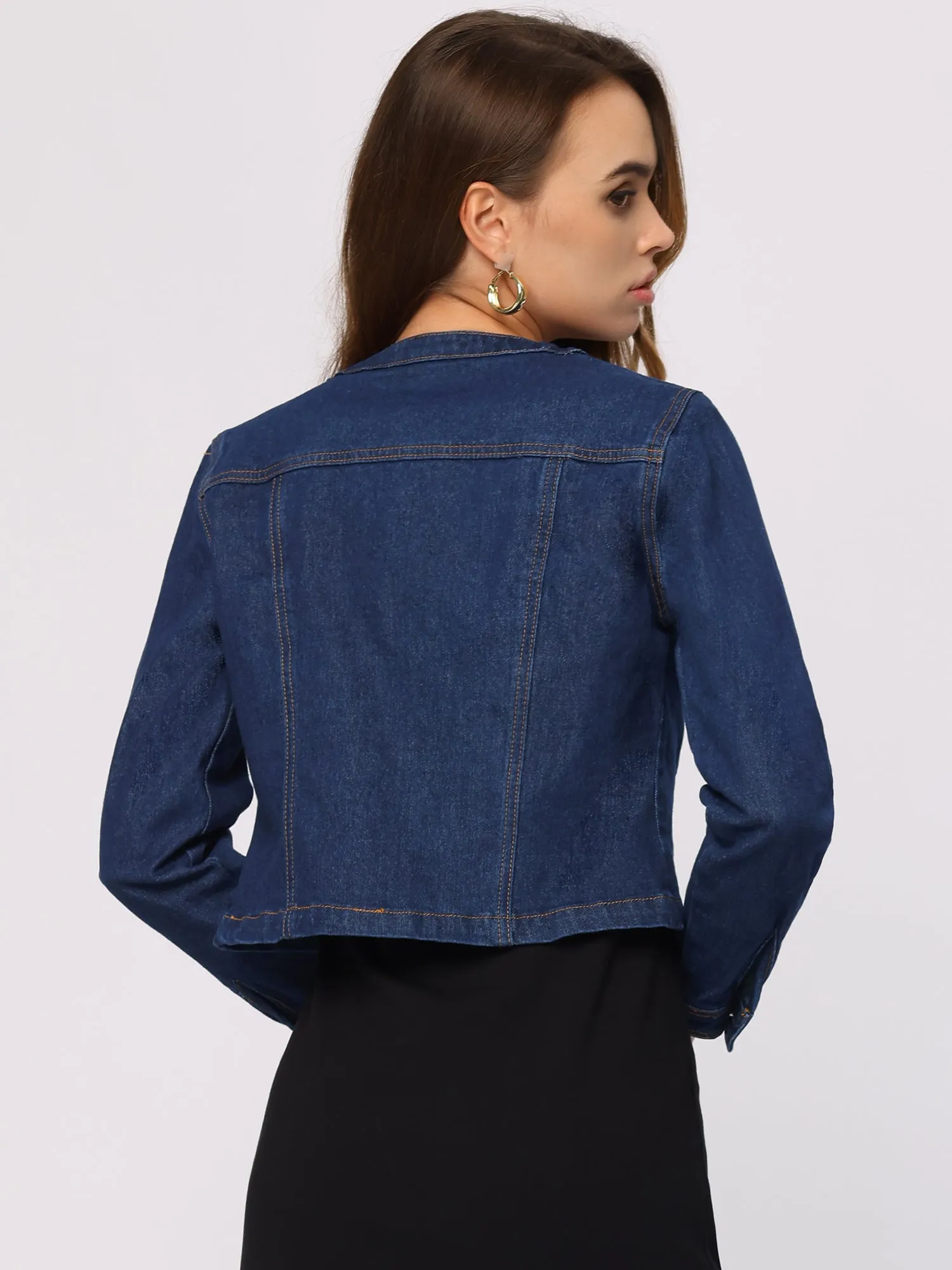 Denim Collarless Long Sleeve Button Down Crop Jean Jacket