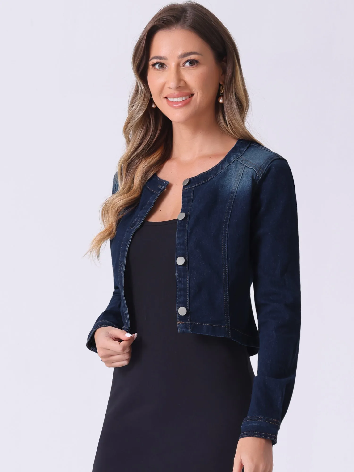 Denim Collarless Long Sleeve Button Down Crop Jean Jacket