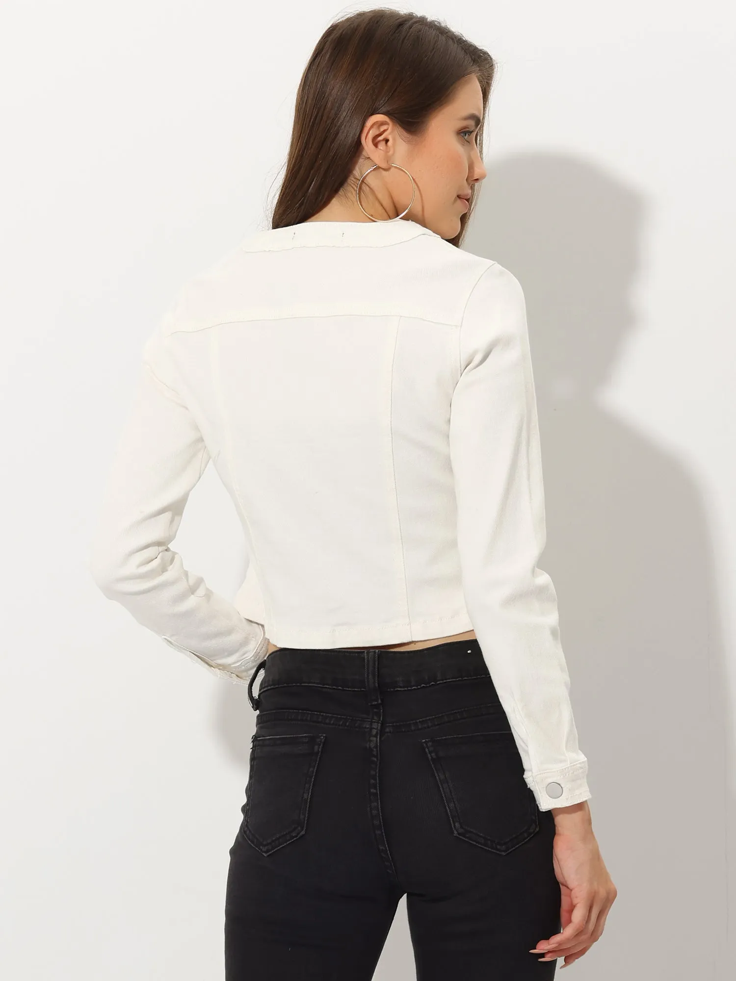Denim Collarless Long Sleeve Button Down Crop Jean Jacket