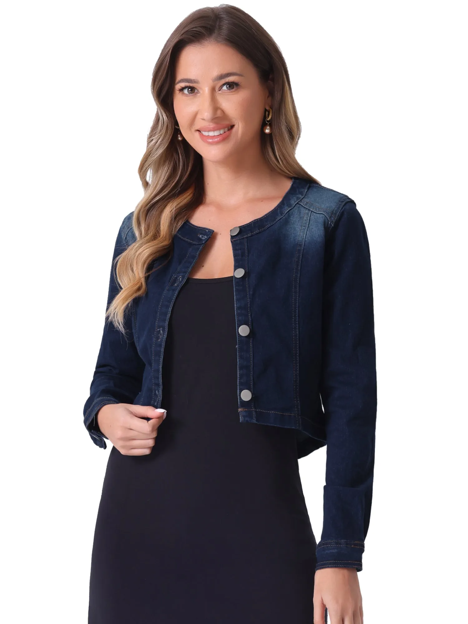 Denim Collarless Long Sleeve Button Down Crop Jean Jacket