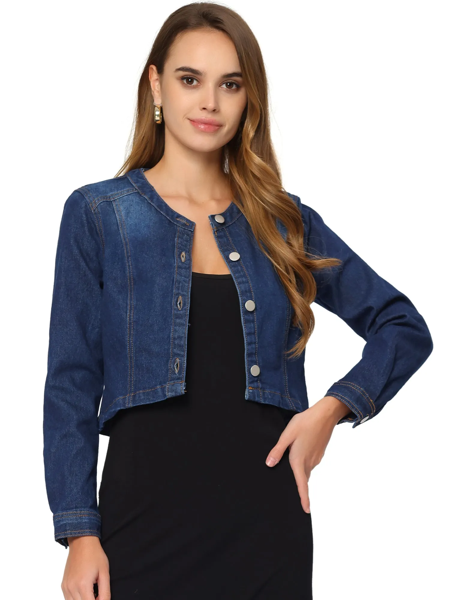 Denim Collarless Long Sleeve Button Down Crop Jean Jacket