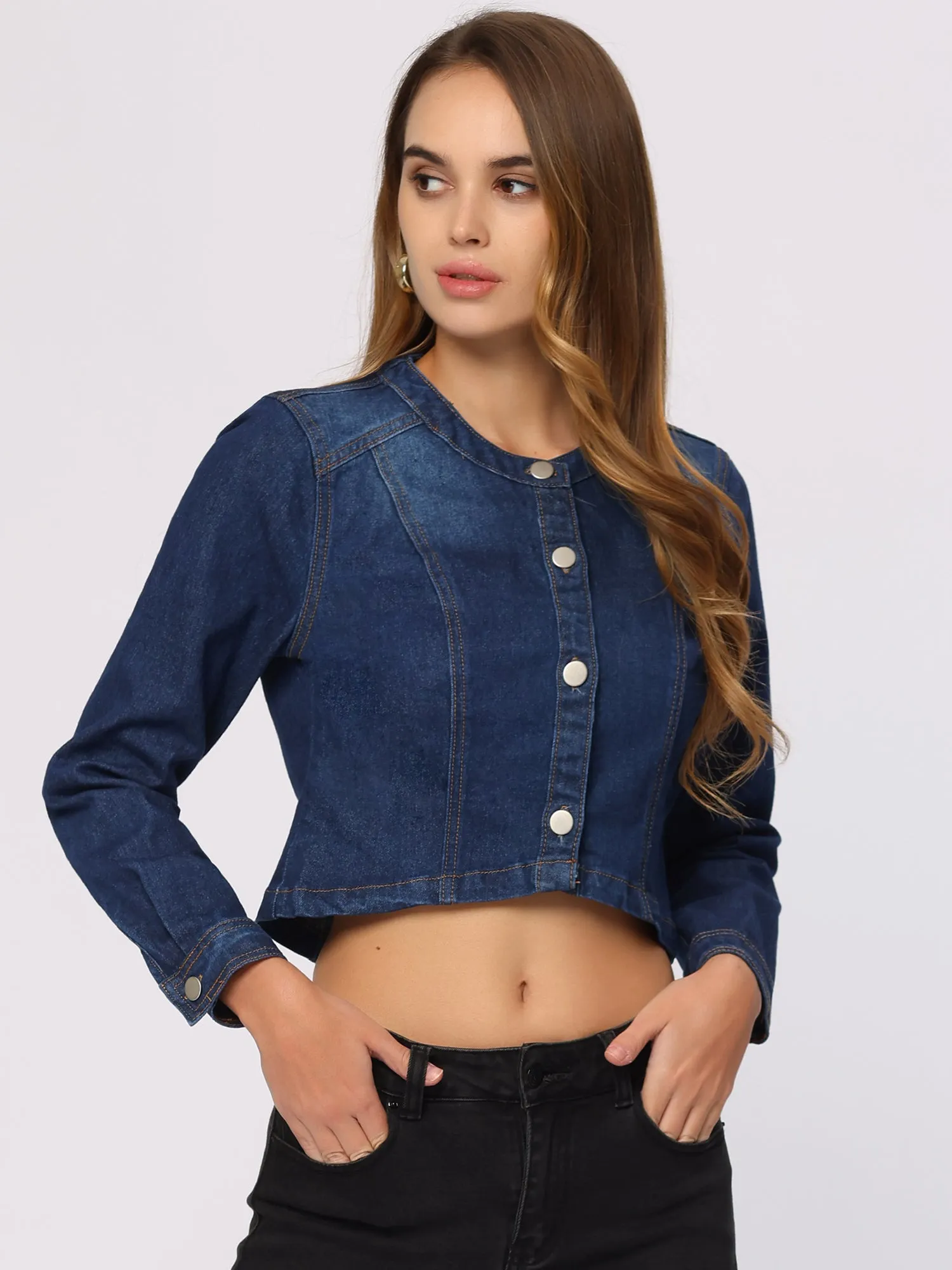 Denim Collarless Long Sleeve Button Down Crop Jean Jacket