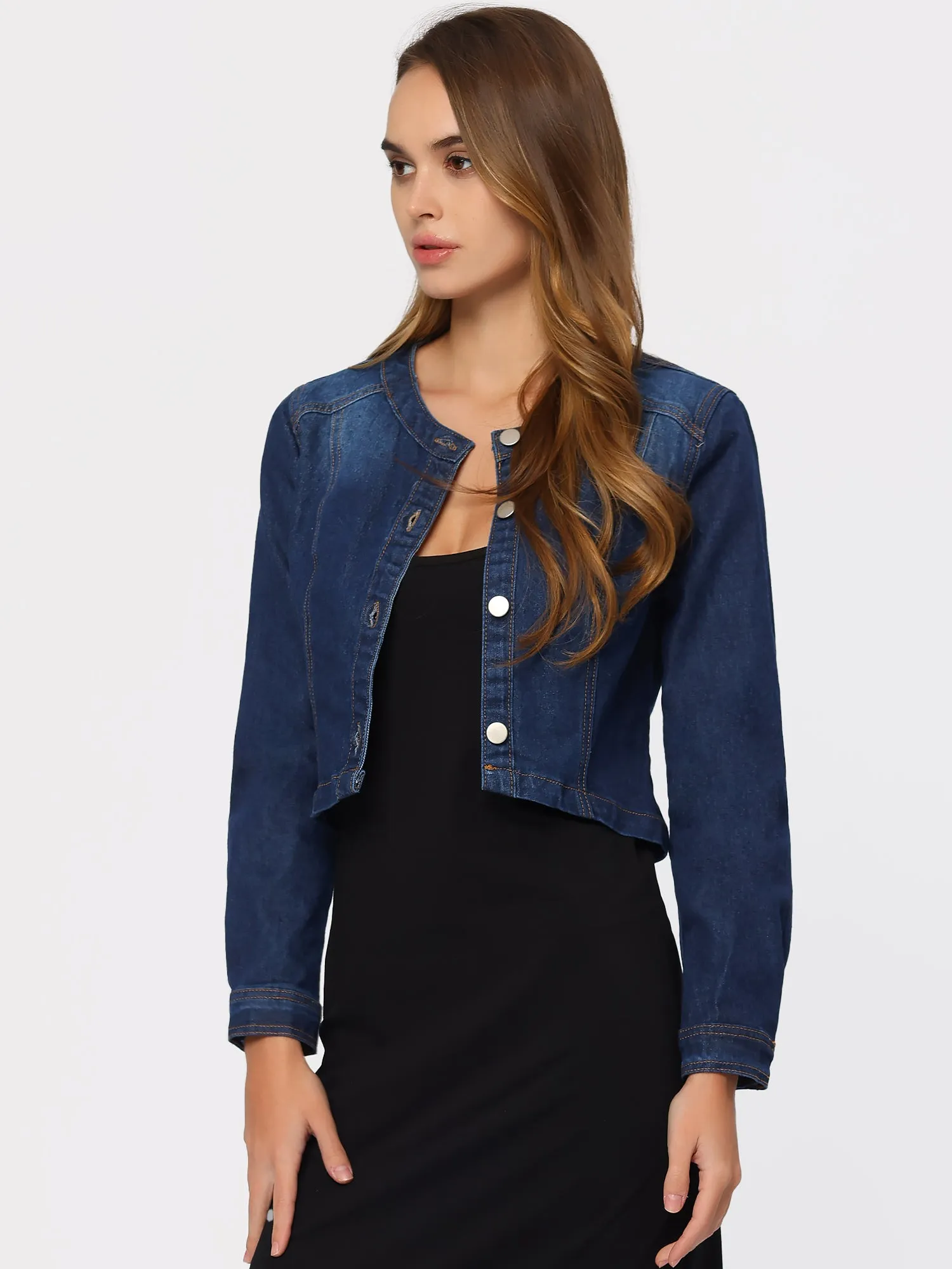 Denim Collarless Long Sleeve Button Down Crop Jean Jacket