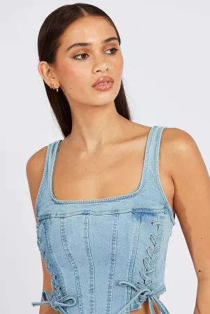 Denim Corset Sleeveless Scoop Neck Lace Up Stretch