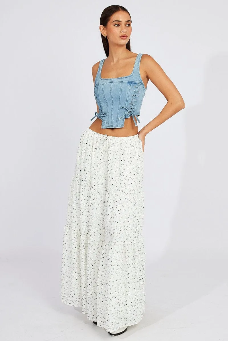 Denim Corset Sleeveless Scoop Neck Lace Up Stretch