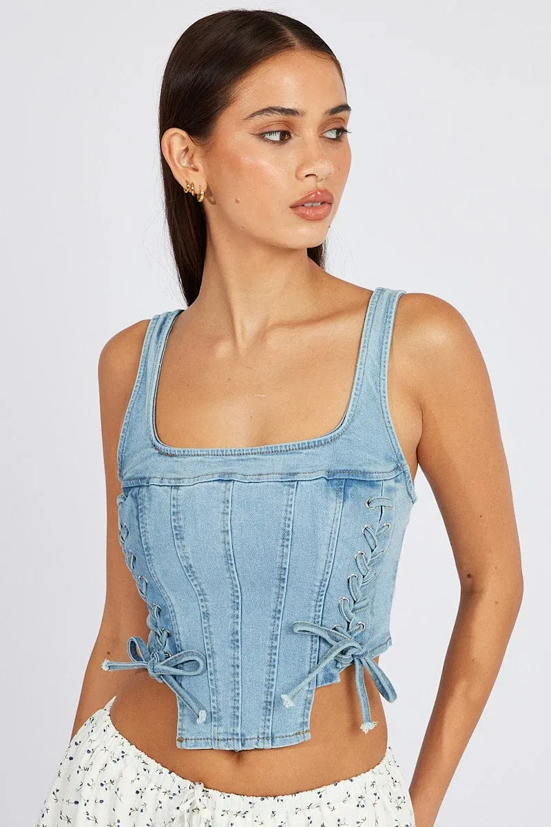 Denim Corset Sleeveless Scoop Neck Lace Up Stretch