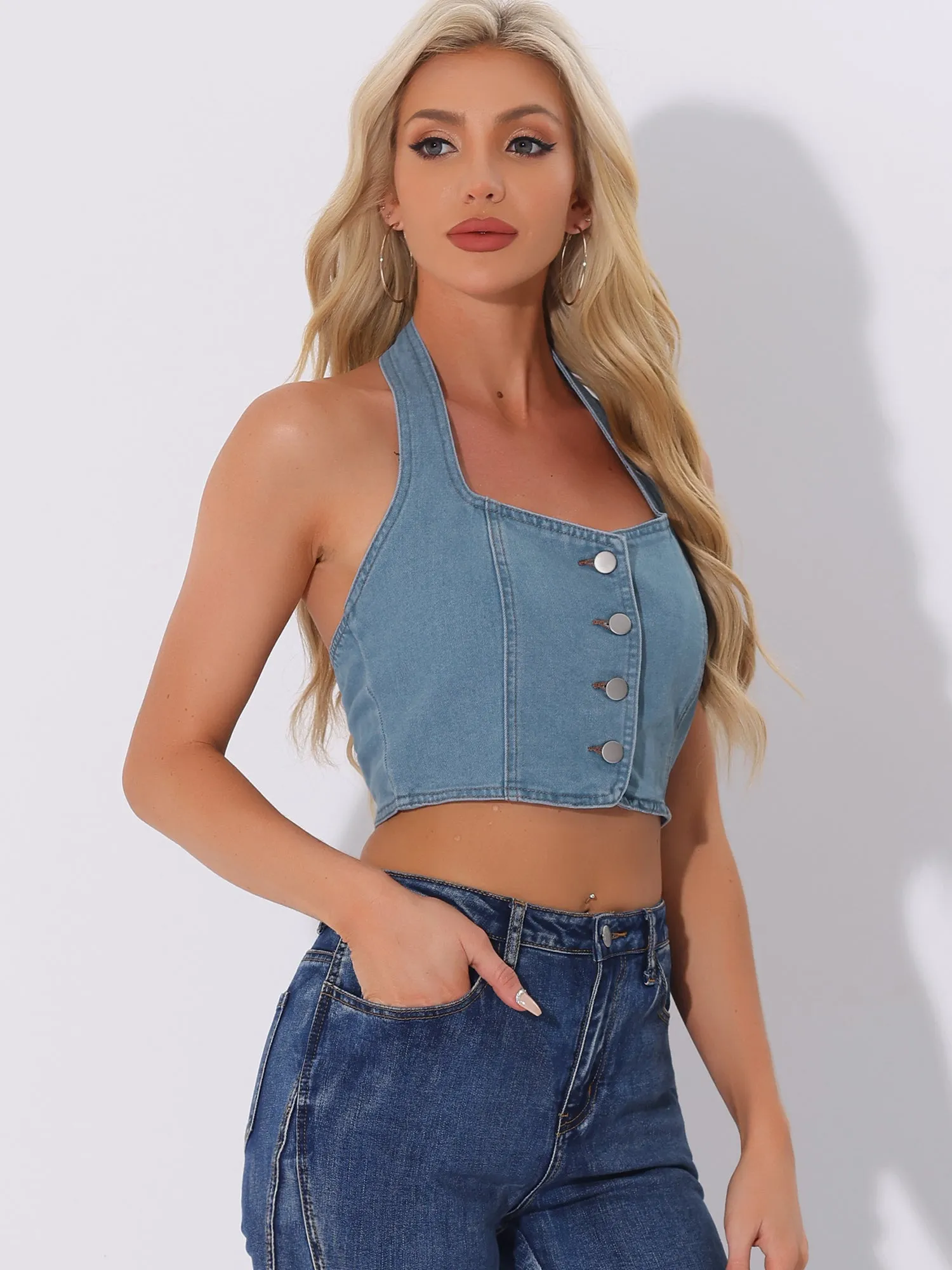 Denim Crop Sleeveless Button Front Halter Tank Top