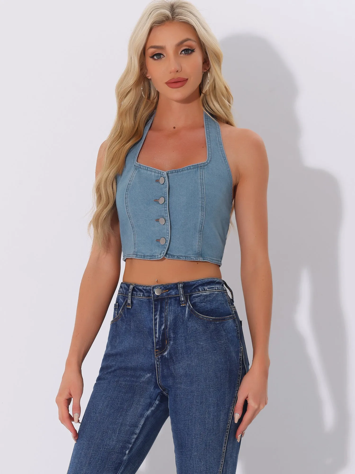Denim Crop Sleeveless Button Front Halter Tank Top