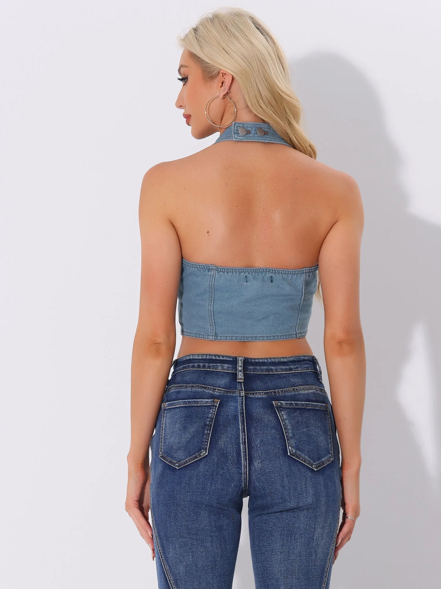 Denim Crop Sleeveless Button Front Halter Tank Top