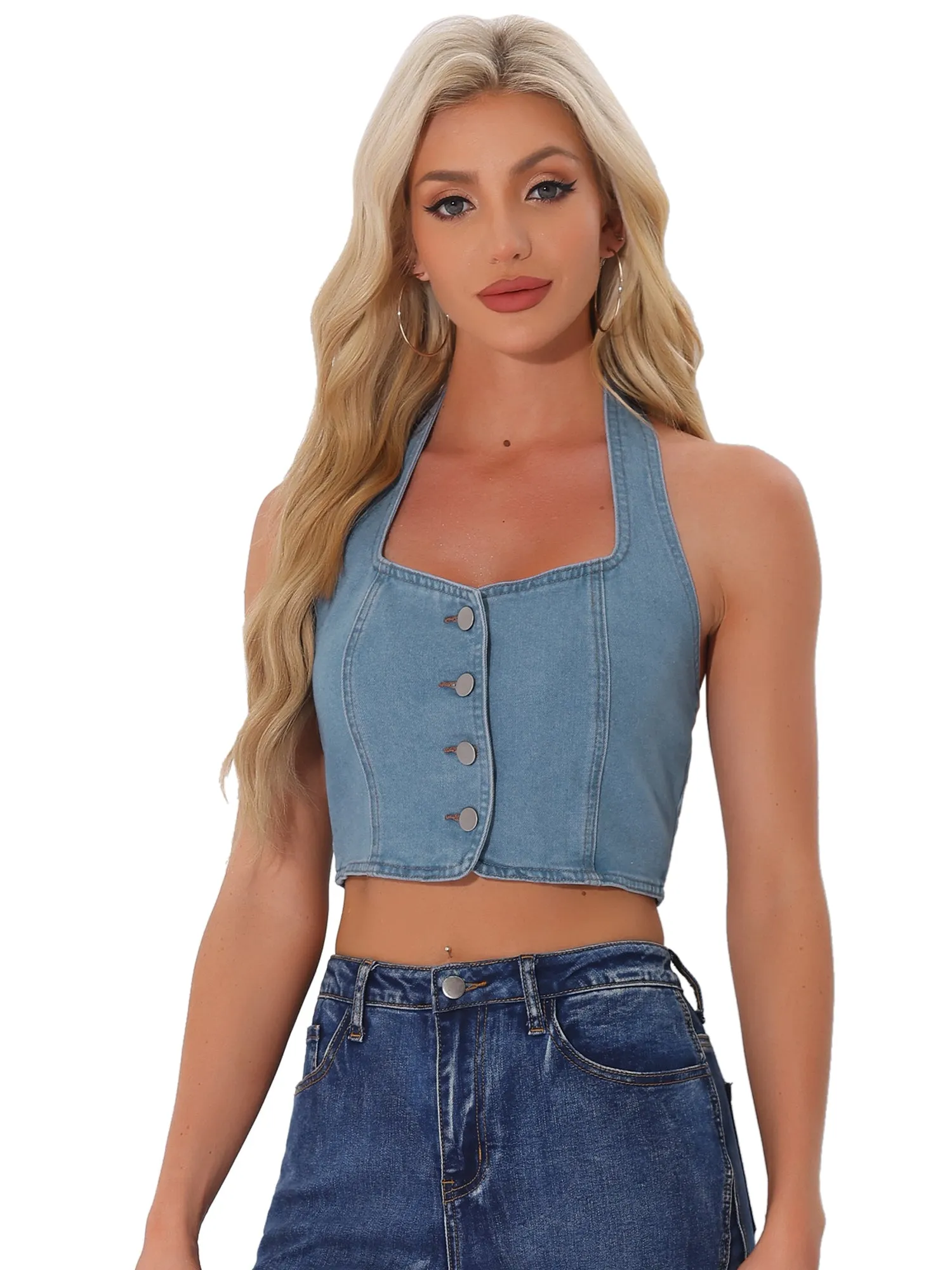 Denim Crop Sleeveless Button Front Halter Tank Top