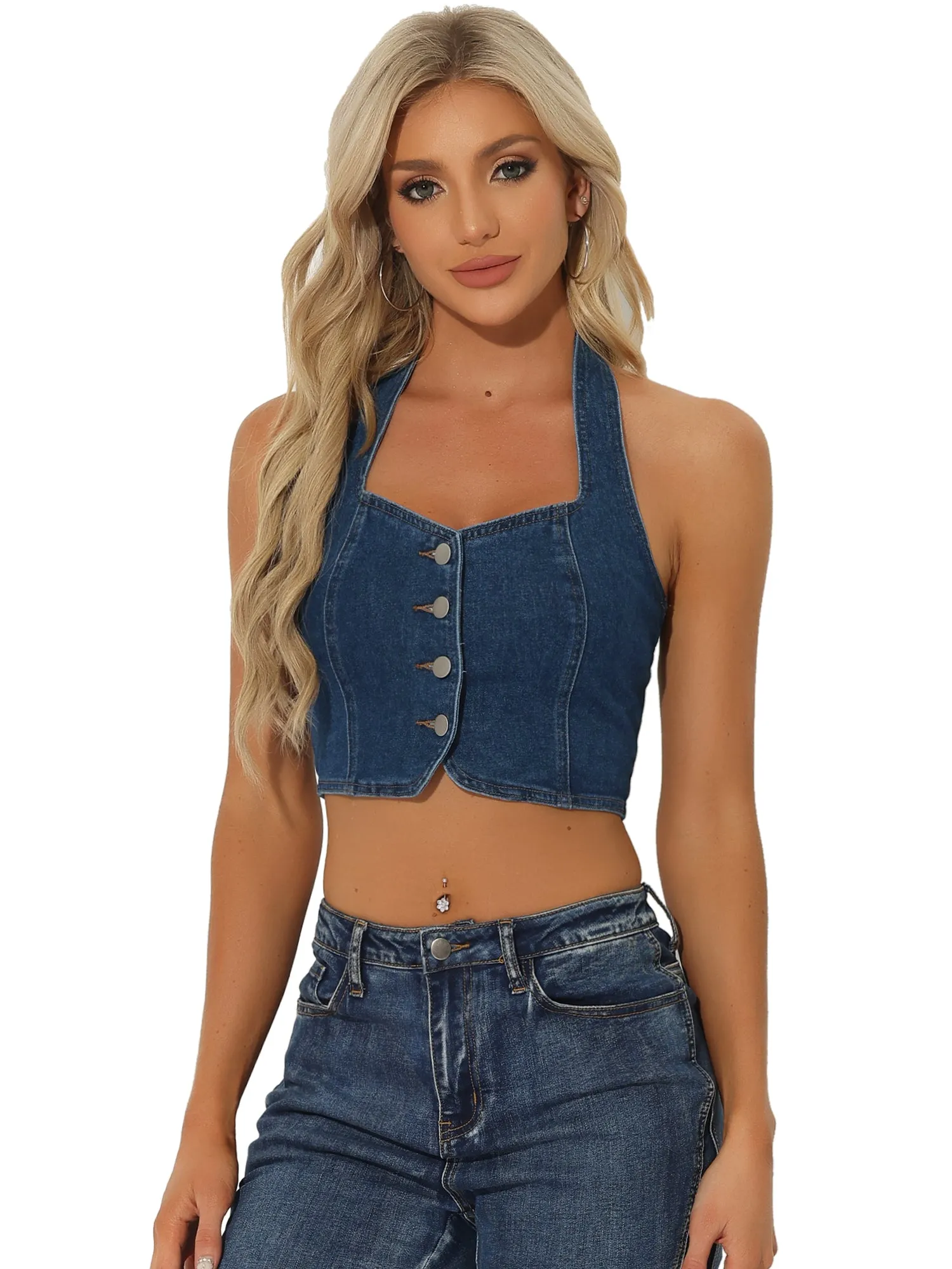 Denim Crop Sleeveless Button Front Halter Tank Top