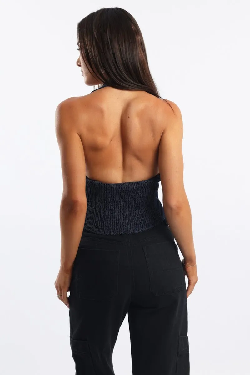 Denim Denim Halter Top Sleeveless Scoop Neck Shirred