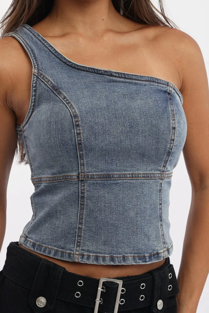 Denim One Shoulder Top