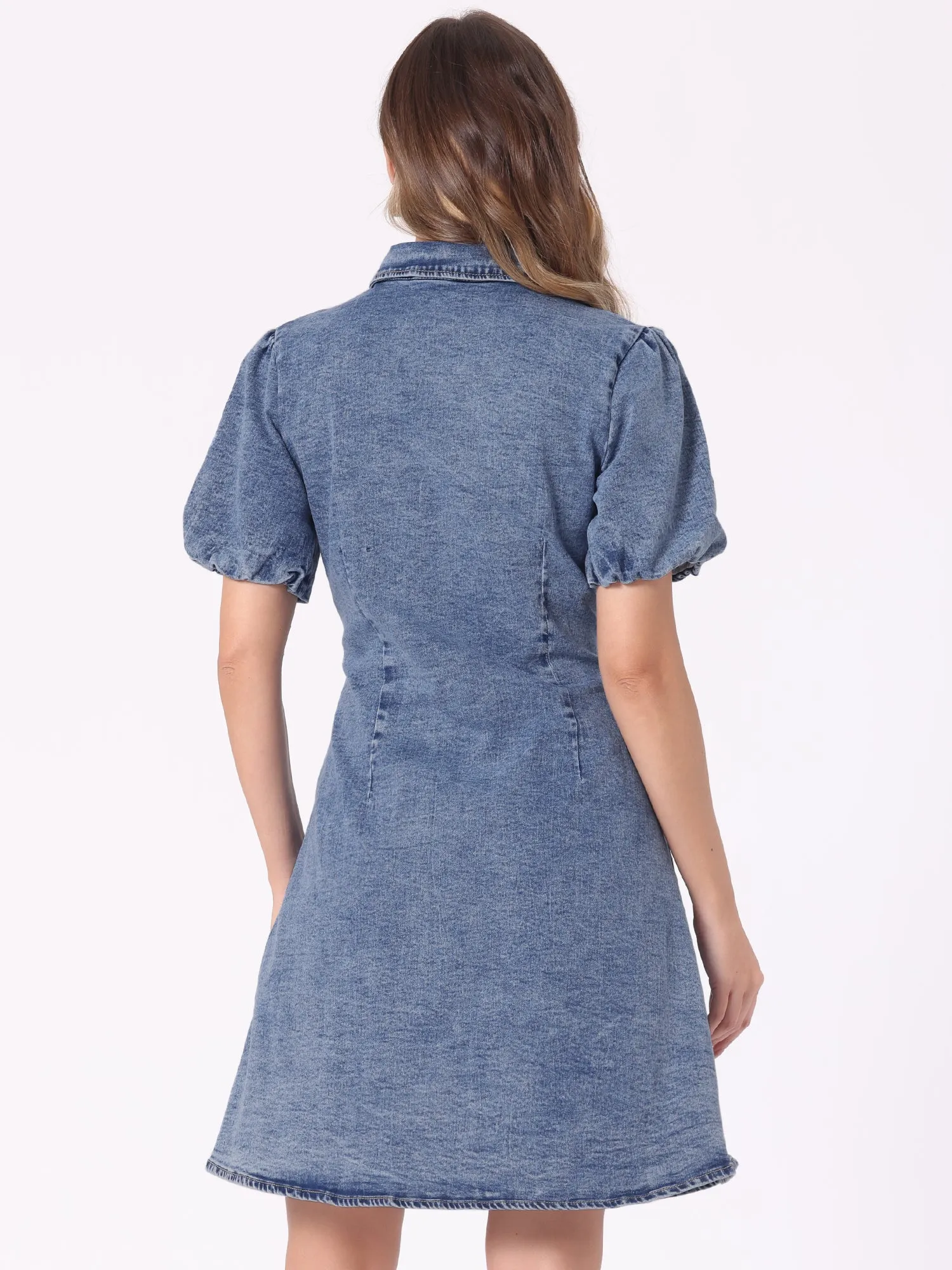 Denim Puff Short Sleeve Button Down A-Line Jean Dress