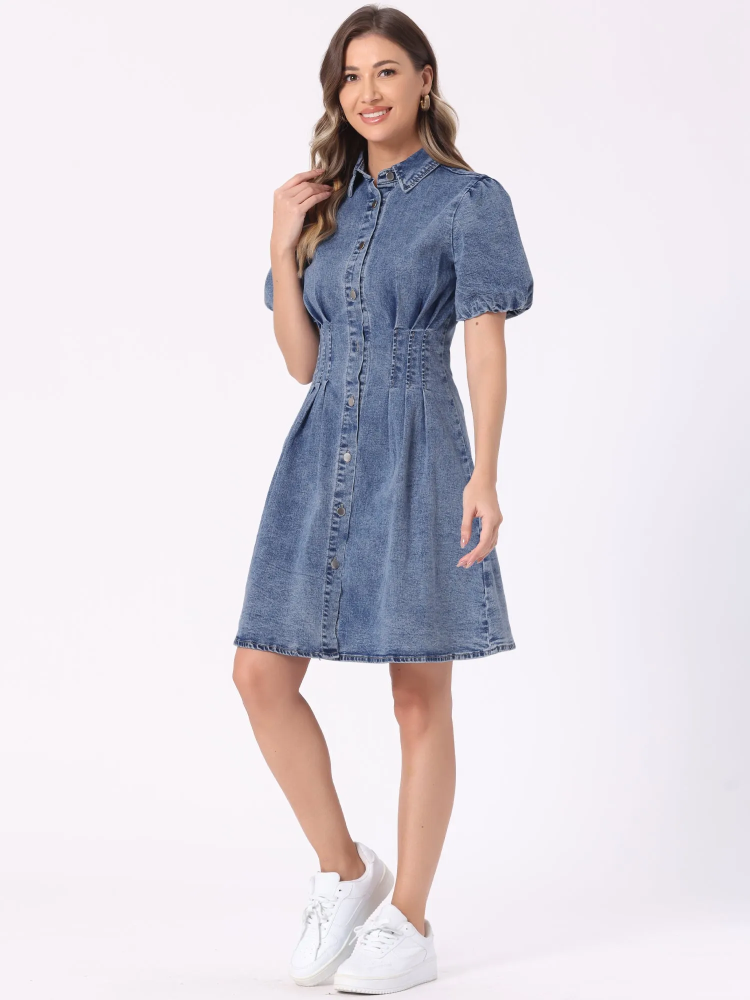Denim Puff Short Sleeve Button Down A-Line Jean Dress