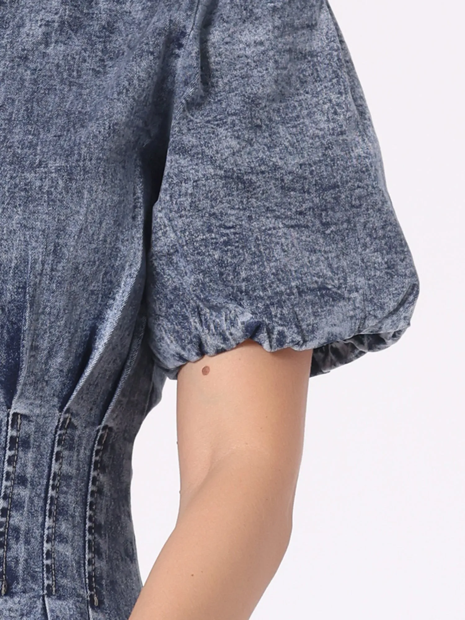 Denim Puff Short Sleeve Button Down A-Line Jean Dress