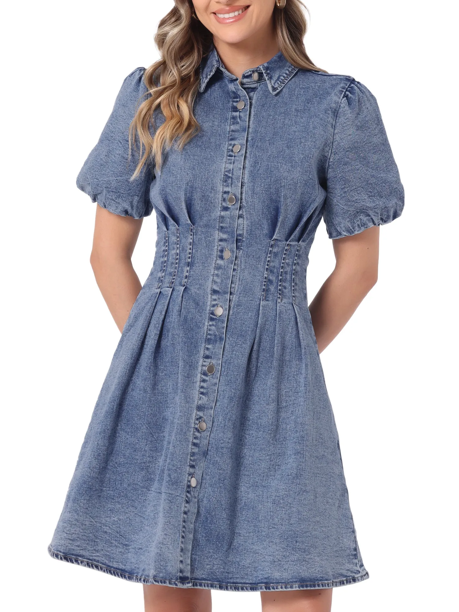 Denim Puff Short Sleeve Button Down A-Line Jean Dress