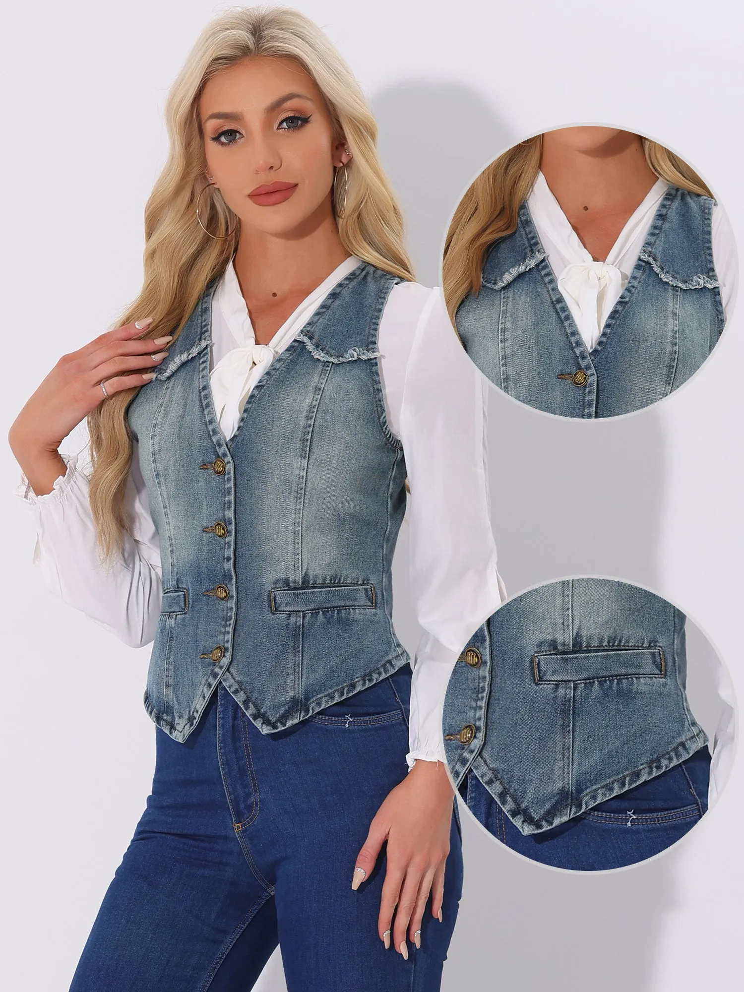 Denim Vest Sleeveless Collarless Washed Distressed Jean Jacket