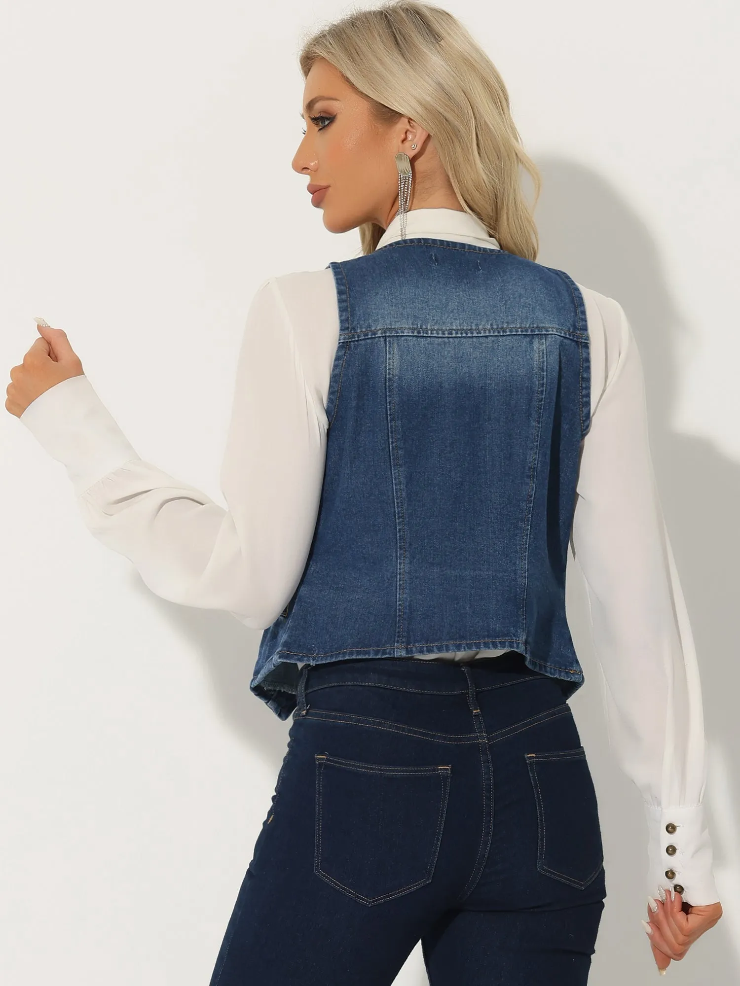 Denim Vest Sleeveless Collarless Washed Distressed Jean Jacket